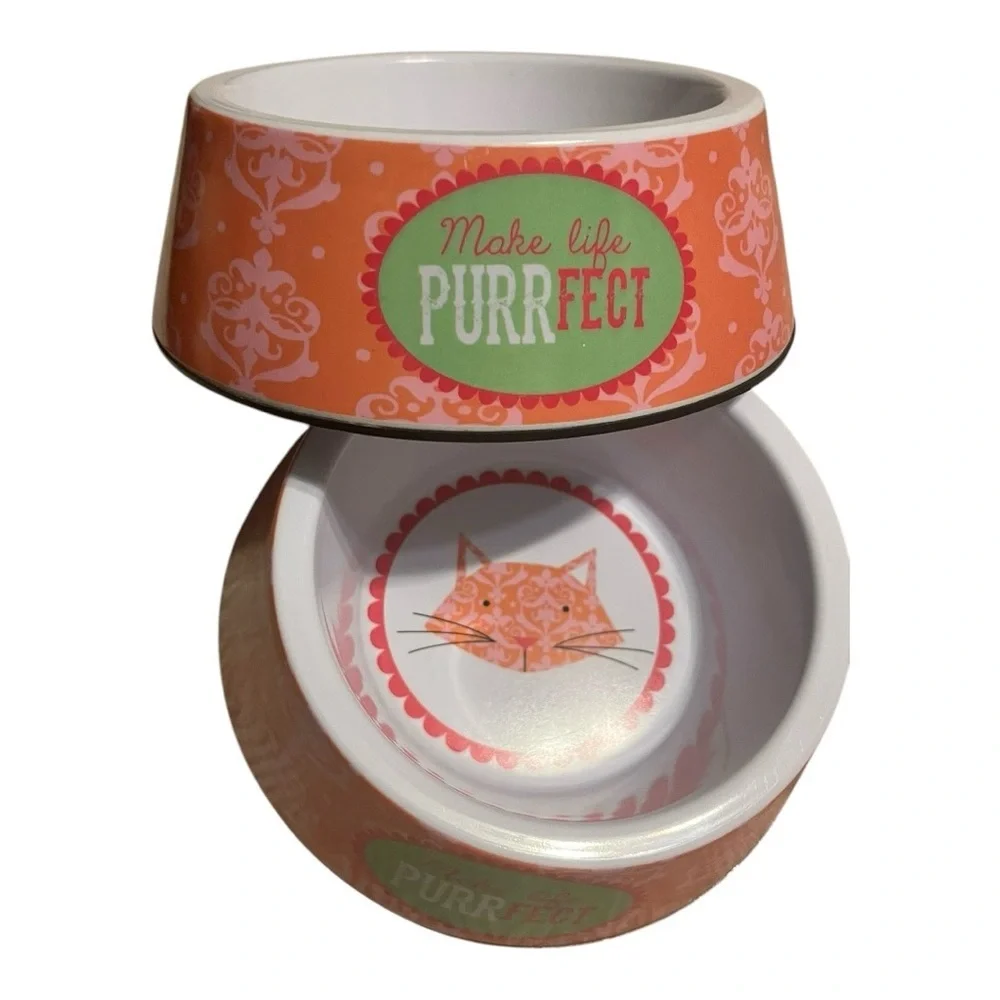 Cat food & water bowls melamine make life purrfect coral pink green 4.5 x 2” set